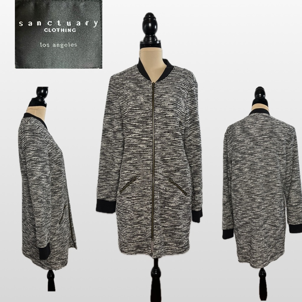 Sanctuary Women's Black and White tweed bomberJacket, long, zipper front ,size L